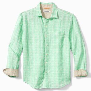 NWT Tommy Bahama Ventana Plaid Linen Shirt Turquoise Cabbage